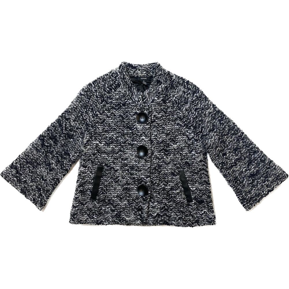 Alfani Cropped Mandarin Collar Black & White Lined Bouclé 3/4 Sleeve Jacket